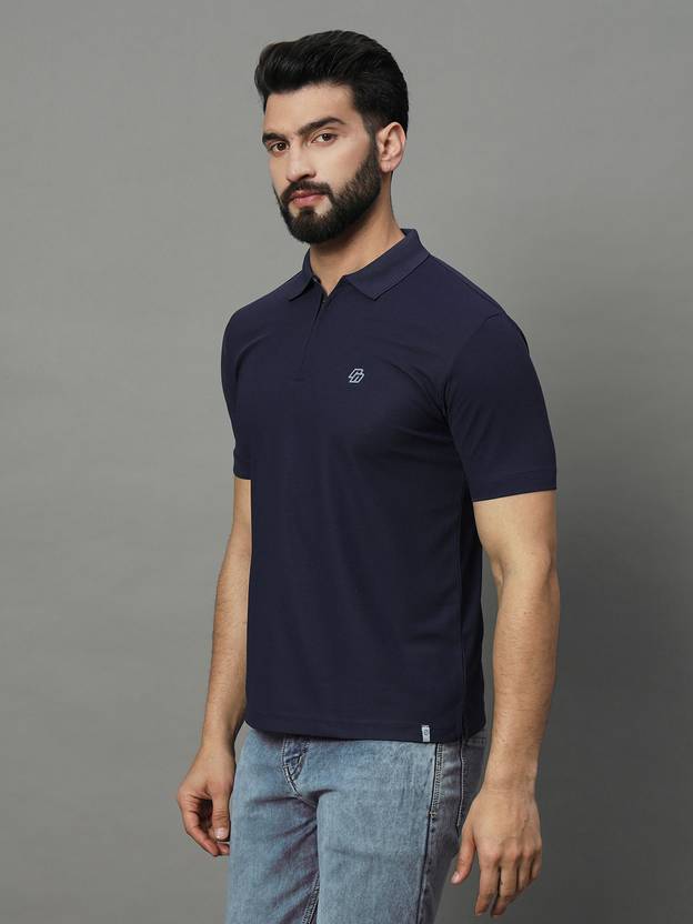 RENUOVO Solid Men Polo Neck Navy Blue T-Shirt