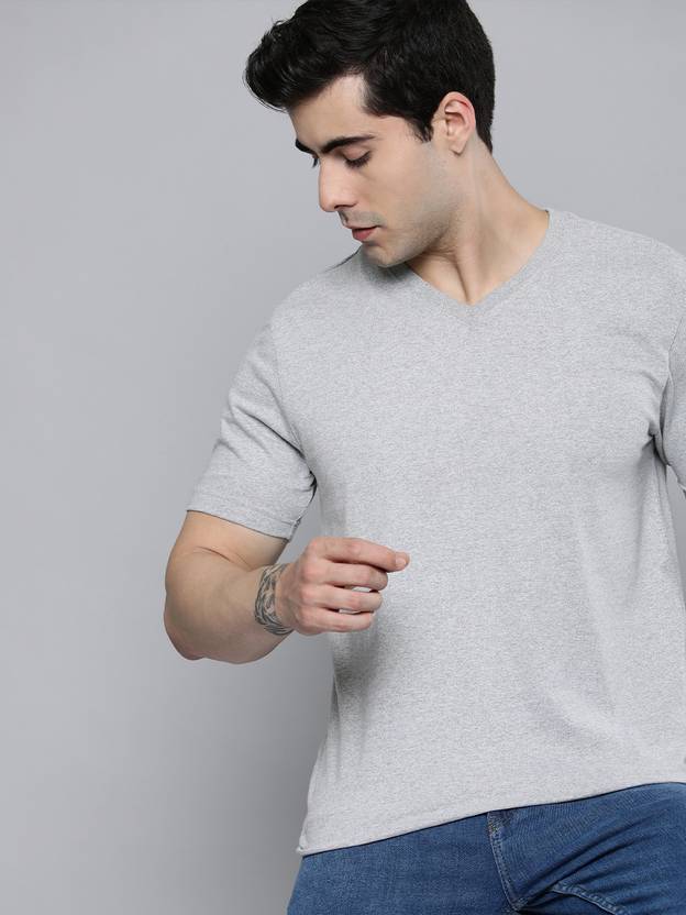 ether Men Solid Round Neck Pure Cotton Grey T-Shirt