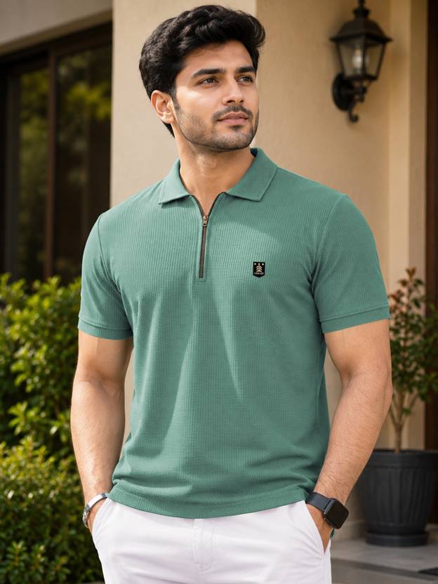 VeBNoR Men Self Design Zip Neck Polyester Light Green T-Shirt