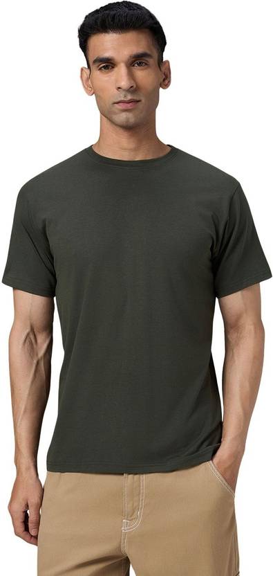 Wellbi Solid Men Round Neck Dark Green T-Shirt