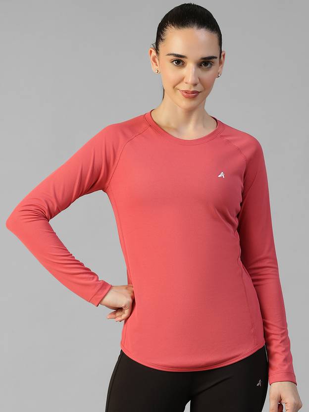ATHLISIS Women Solid Round Neck Polyester Pink T-Shirt