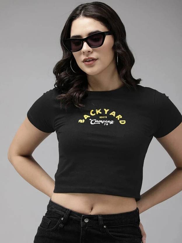 Roadster Self Design Women Round Neck Black T-Shirt