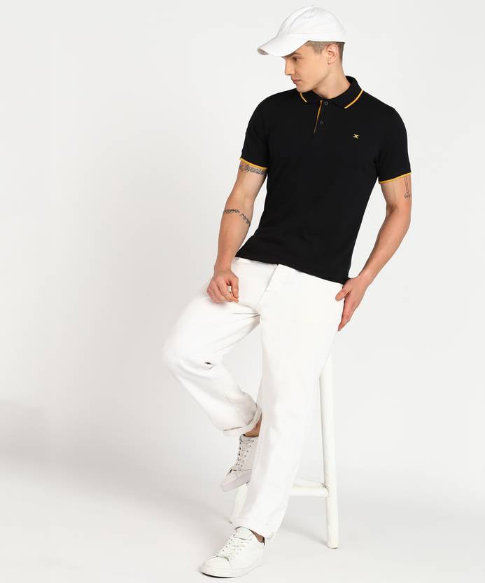 KILLER Men Solid Polo Neck Cotton Blend Black T-Shirt