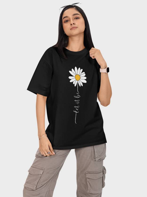 Reifica Women Printed Round Neck Pure Cotton Black T-Shirt