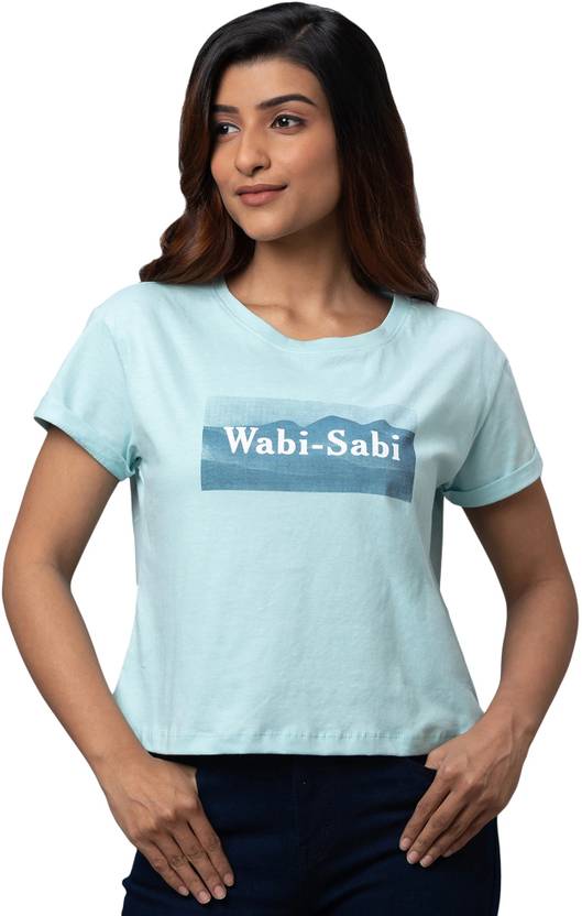 Globus Women Typography, Graphic Print Round Neck Pure Cotton Blue T-Shirt