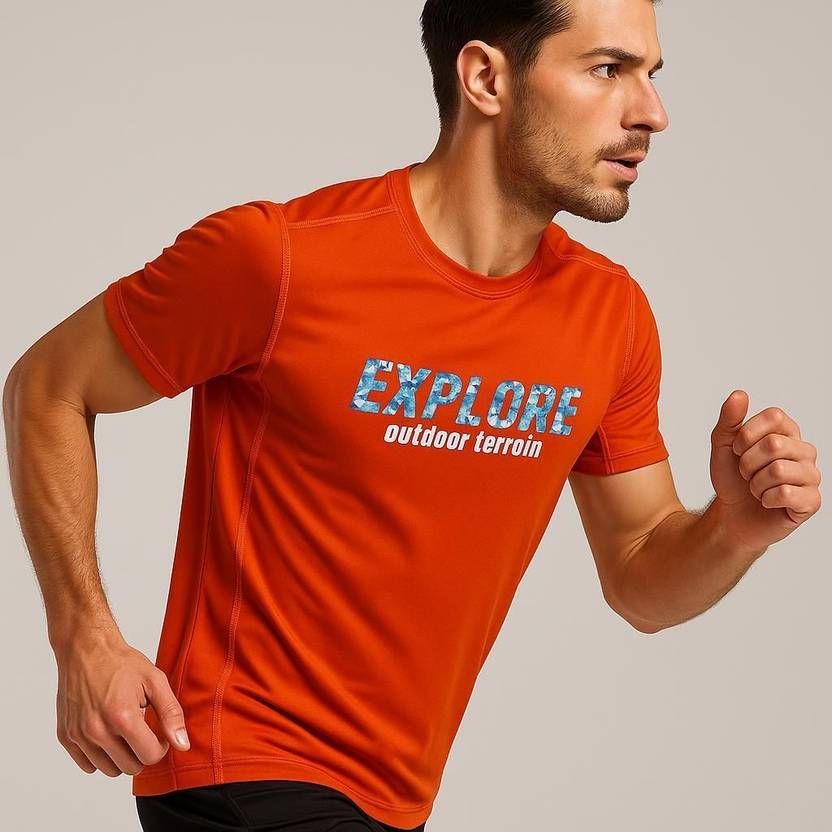 Austivo Men Printed Round Neck Polyester Orange T-Shirt