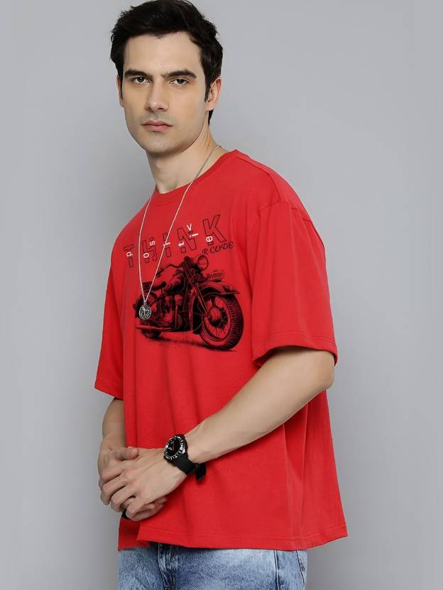 R.Code by The Roadster Life Co. Men Graphic Print Round Neck Cotton Blend Red T-Shirt