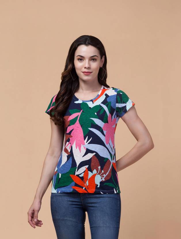 Hive91 Printed Women Round Neck Multicolor T-Shirt