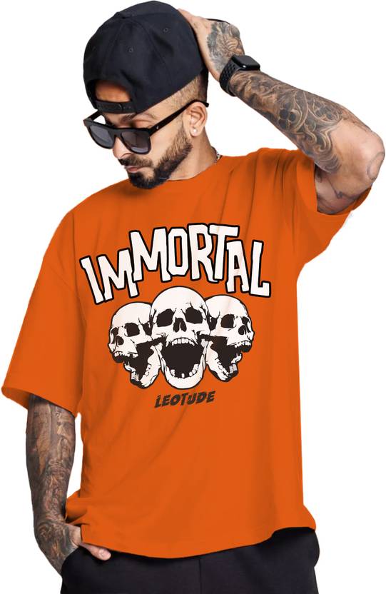 Leotude Men Printed Round Neck Cotton Blend Orange T-Shirt
