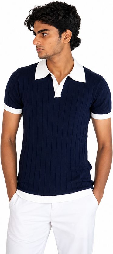 Doppey Men Navy Blue Polo Neck Pure Cotton - Image 1