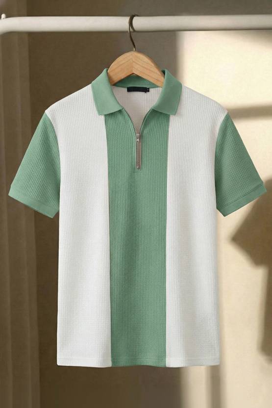 Try This Men Colorblock Polo Neck Cotton Blend White, Light Green T-Shirt