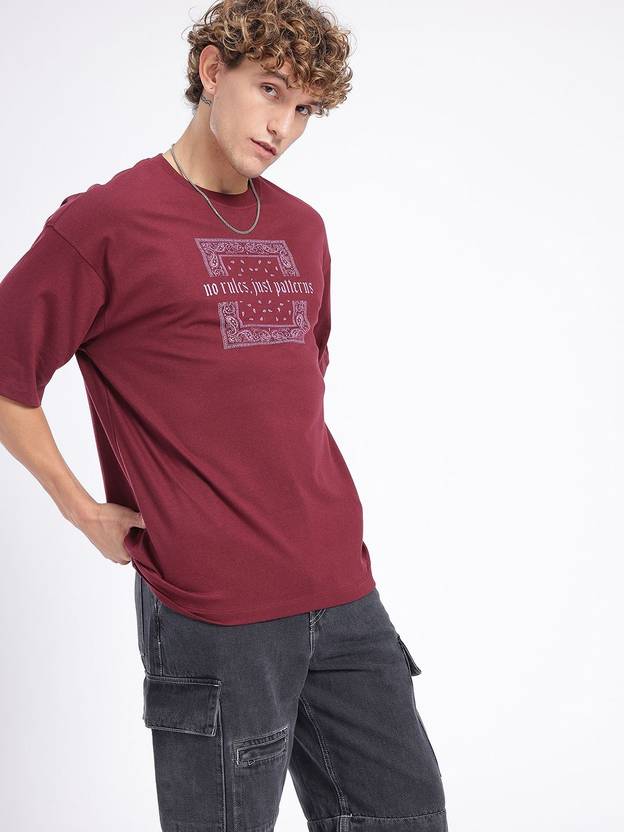 Glitchez Printed Men Round Neck Maroon T-Shirt