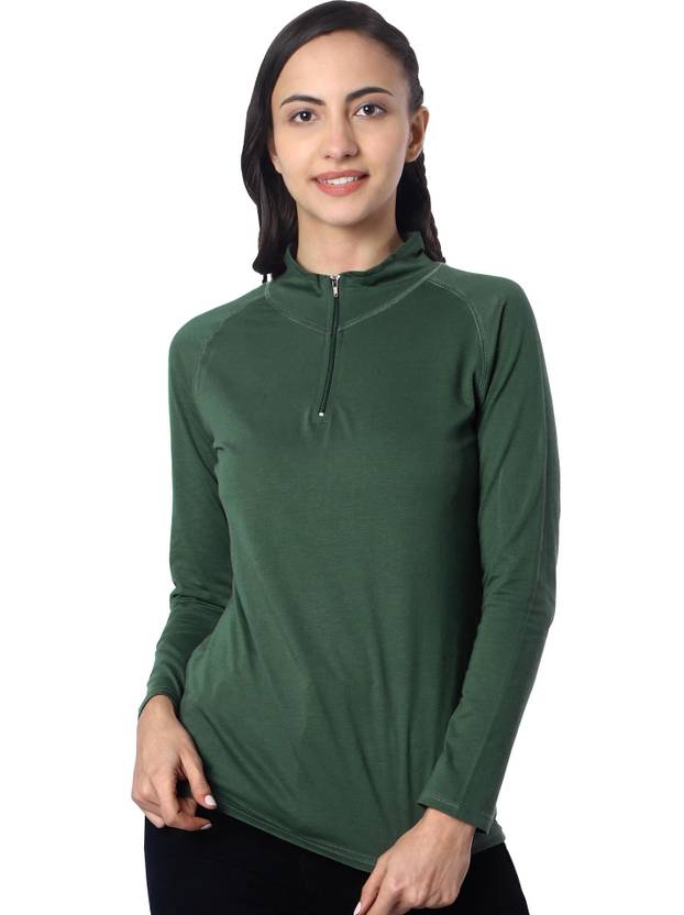 Herway Women Solid Zip Neck Cotton Blend Green T-Shirt