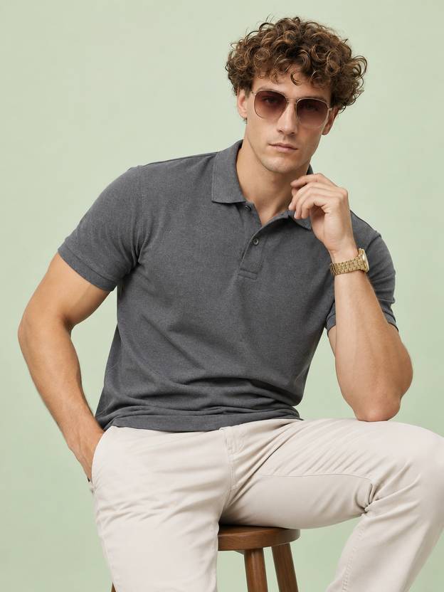 DAVNO Men Solid Polo Neck Pure Cotton Grey T-Shirt