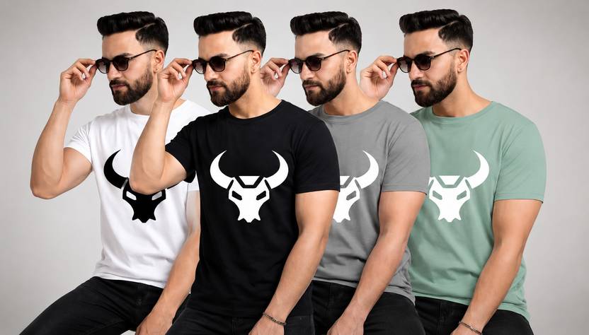 zealously Pack of 4 Men Graphic Print, Printed Round Neck Cotton Blend Multicolor T-Shirt