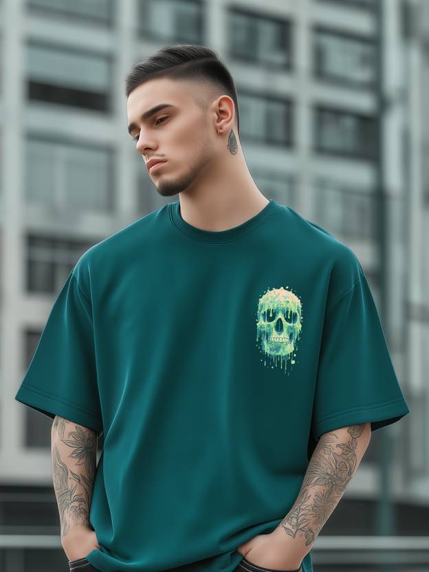 BUKKL Men Graphic Print, Printed Round Neck Cotton Blend Dark Green T-Shirt