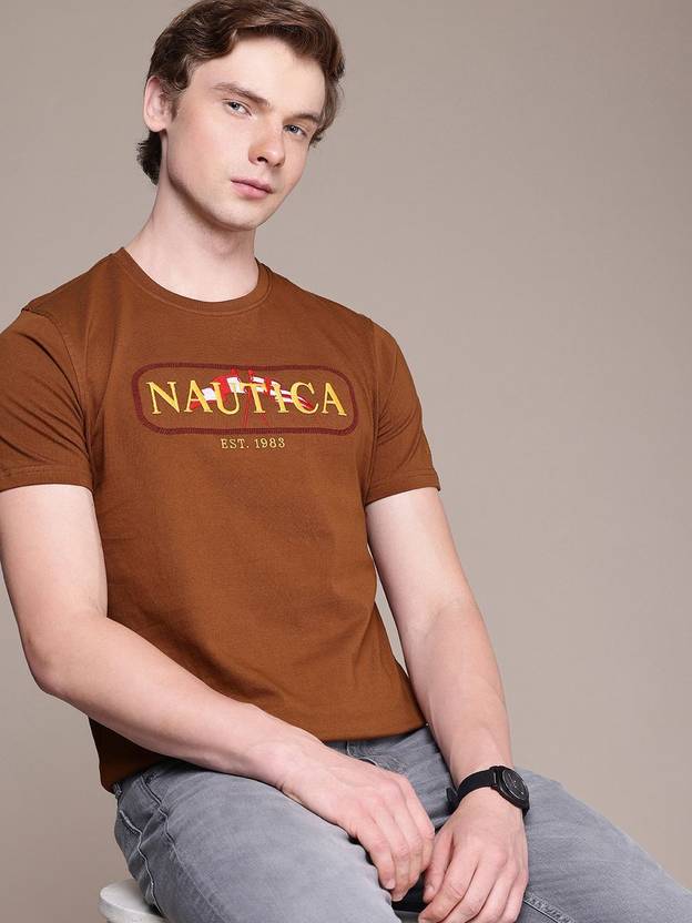 NAUTICA Men Printed Round Neck Pure Cotton Brown T-Shirt
