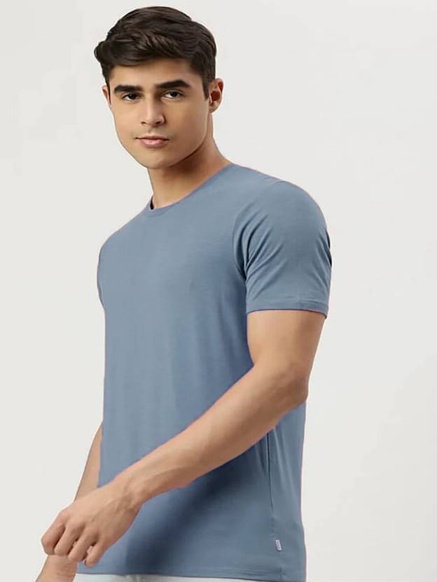 9LKHA Solid Men Round Neck Blue T-Shirt