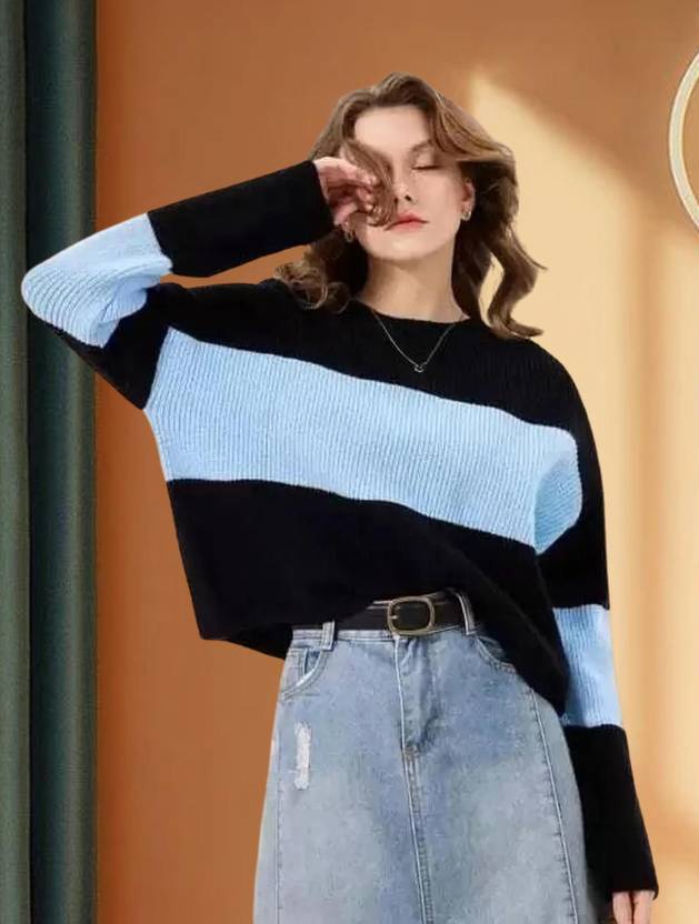Amreliya Style Women Colorblock Round Neck Cotton Blend Blue T-Shirt