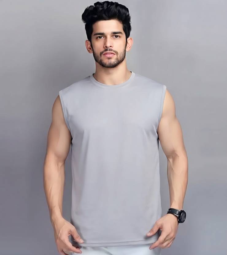 Jangoboy Men Solid Round Neck Polyester Grey T-Shirt
