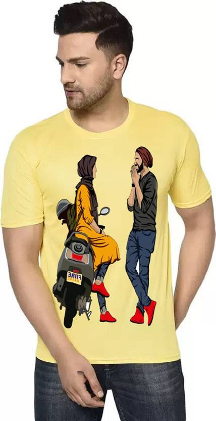 [Sizes S, M, XL] FabryKa Men Printed Round Neck Polyester Yellow T-Shirt