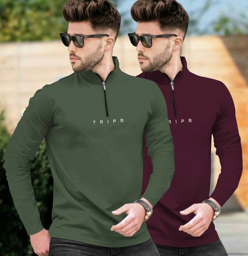 TRIPR Pack of 2 Men Solid Henley Neck Cotton Blend Multicolor T-Shirt