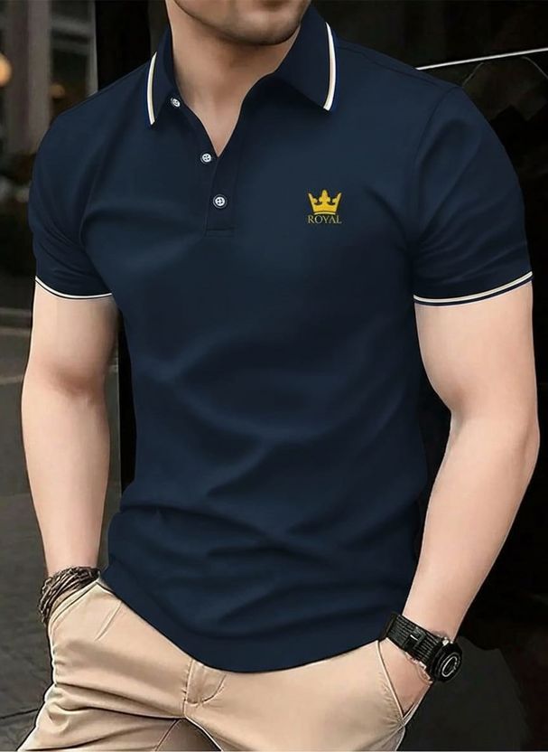 AACHIPAN Men Dark Blue Polo Neck T-Shirt - Image 1