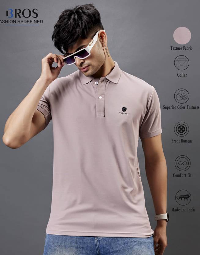 3BROS Men Solid Polo Neck Cotton Blend Beige T-Shirt