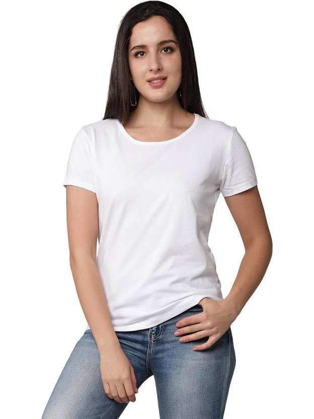 Club A9 Solid Women Round Neck White T-Shirt