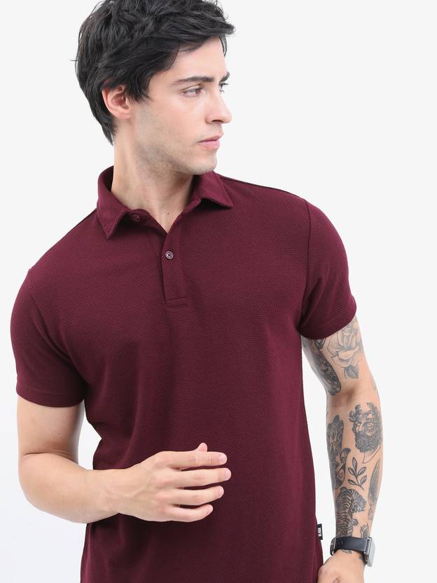 HIGHLANDER Popcorn Structured Men Solid Polo Neck Cotton Blend Maroon T-Shirt