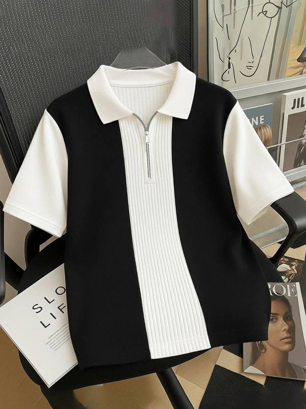 METRONAUT Checkered Men Polo Neck Cotton Blend Beige, Black T-Shirt