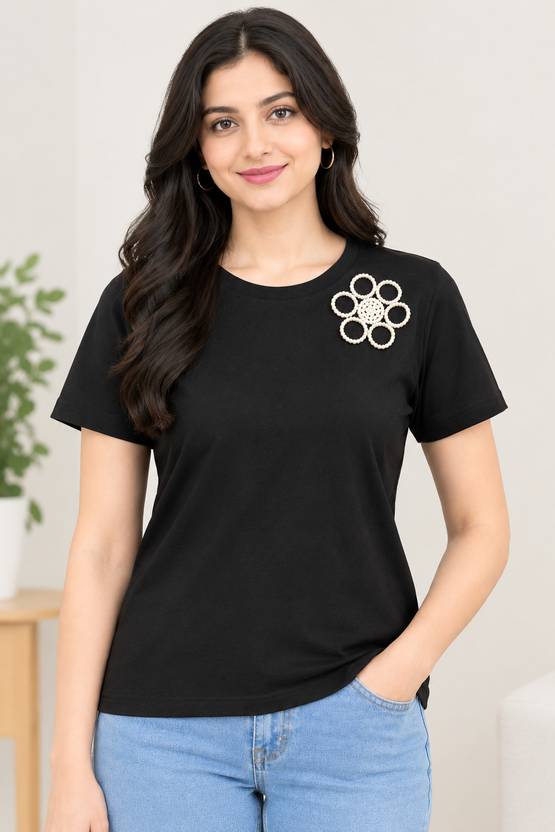 OPENLY Women Embroidered Round Neck Pure Cotton Black T-Shirt