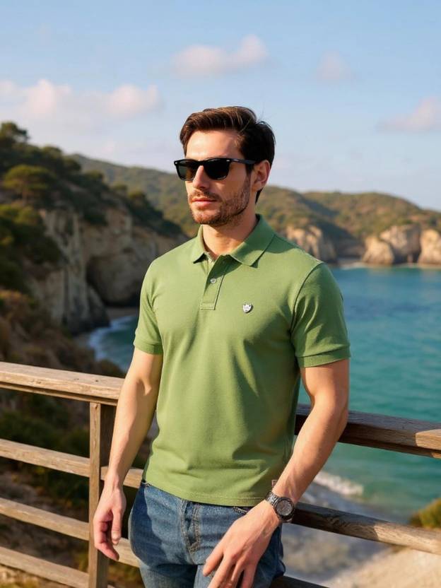 Alan Jones Men Solid Polo Neck Cotton Blend Green T-Shirt