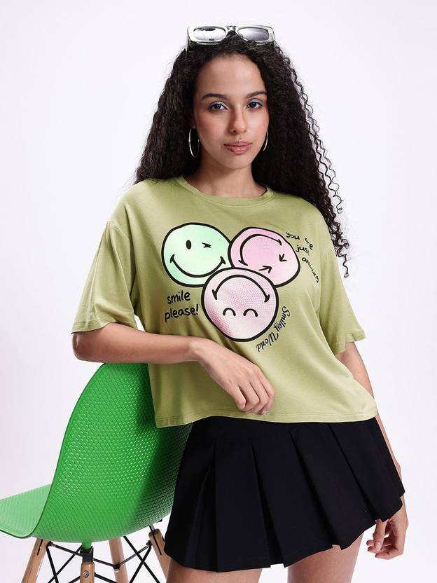 Kook N Keech Women Printed Round Neck Viscose Rayon Green T-Shirt