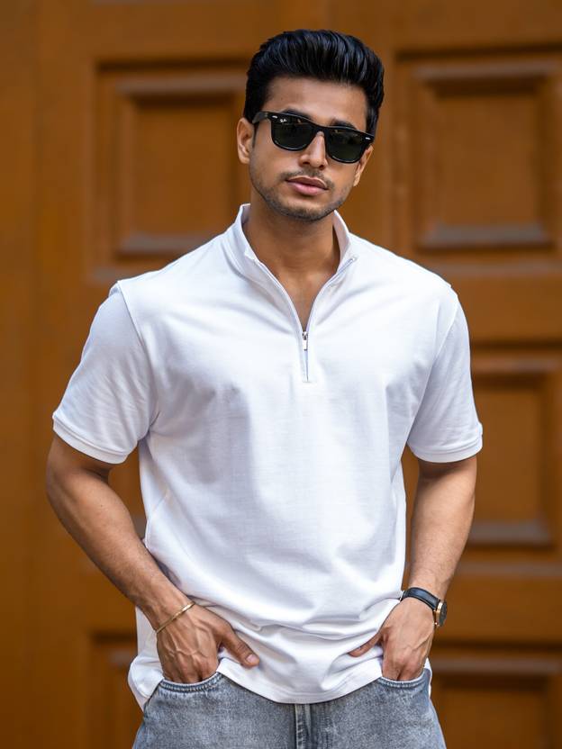 MANIAC Men Solid High Neck Pure Cotton White T-Shirt