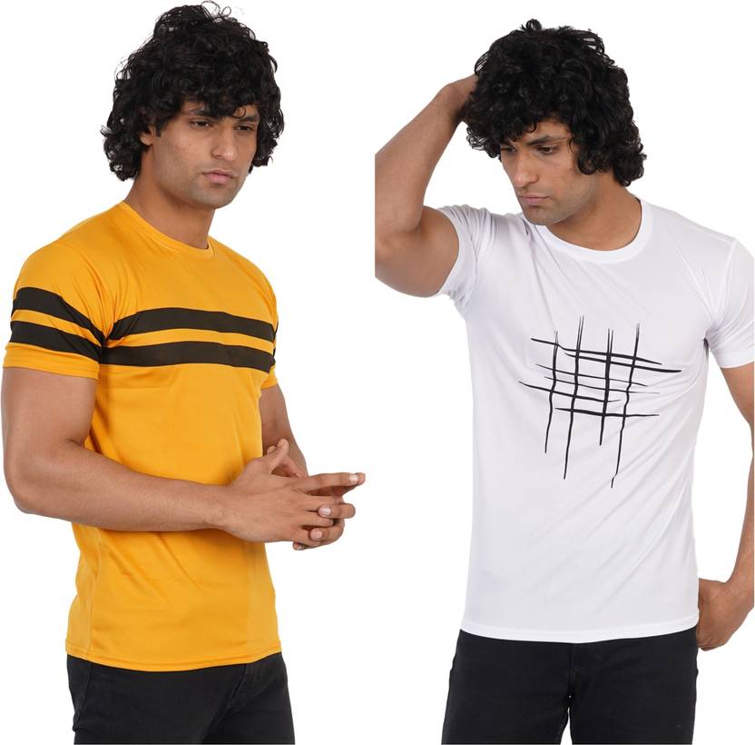 Farccilu Men Graphic Print Round Neck Polyester Yellow, White T-Shirt