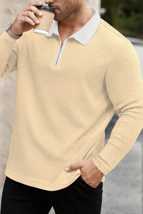 KAJARU Men Beige Zip Neck T-Shirt - Image 3
