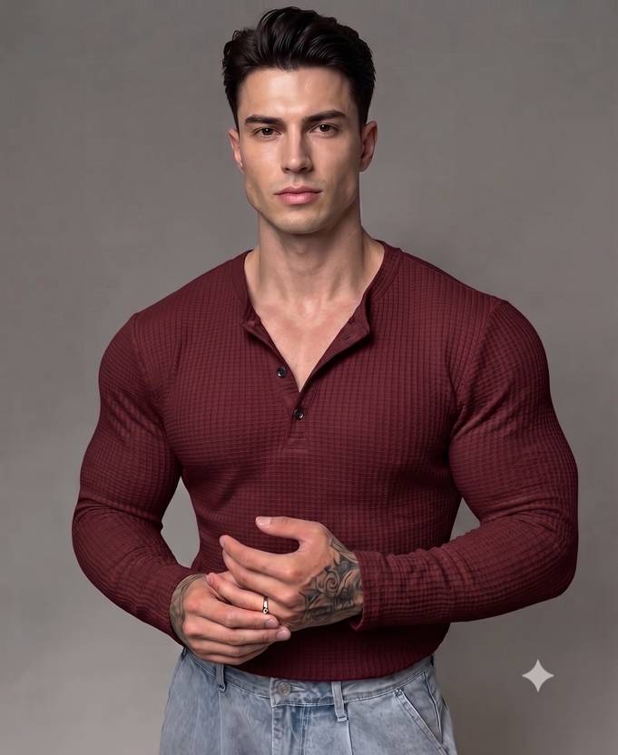Rufica Men Self Design Henley Neck Cotton Blend Maroon T-Shirt