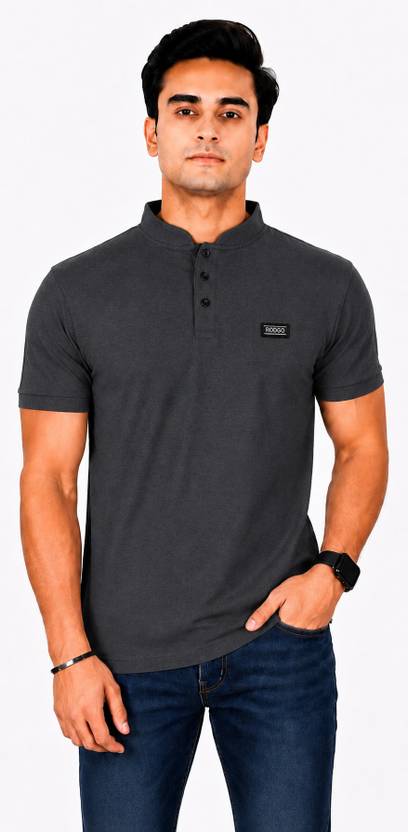 ATXP Men Solid Mandarin Collar Cotton Blend Grey T-Shirt