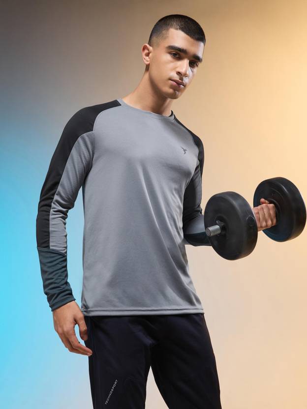TECHNOSPORT Men Colorblock Round Neck Polyester Grey T-Shirt