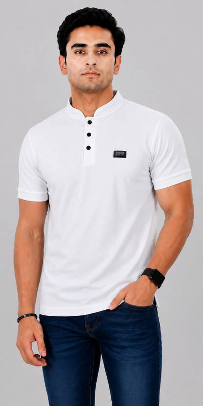 ATXP Men Solid Mandarin Collar Cotton Blend White T-Shirt