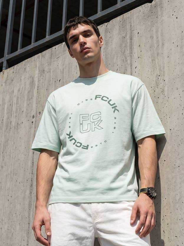 FCUK Men Printed Round Neck Pure Cotton Green T-Shirt