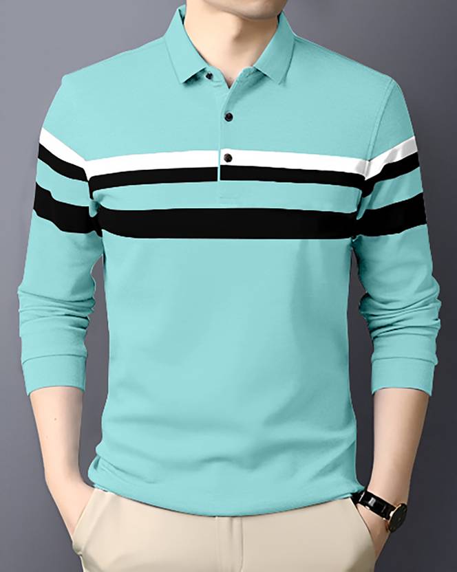 Men Colorblock Polo Neck Cotton Blend Light Green, Black, White T-Shirt