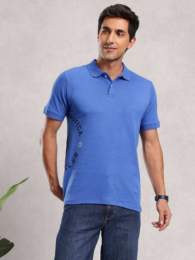 NAUTICA Men Printed Polo Neck Pure Cotton Blue T-Shirt