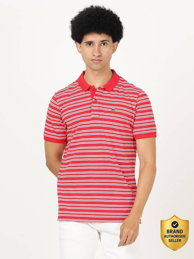 Wrangler Men Striped Polo Neck Pure Cotton Red, White T-Shirt