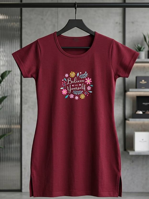 VERO AMORE Printed Women Round Neck Maroon T-Shirt