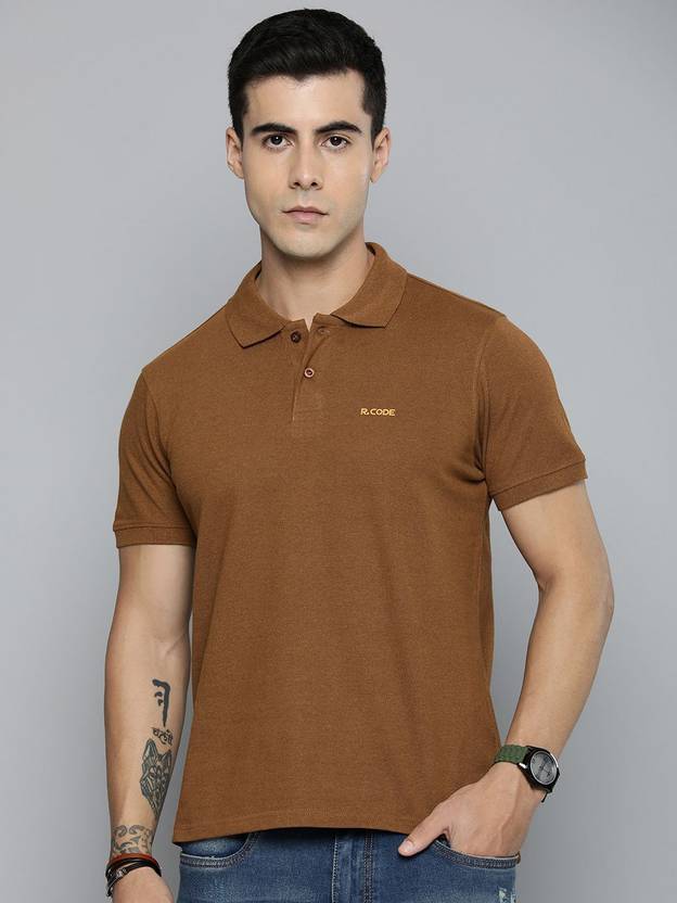 R.Code by The Roadster Life Co. Solid Men Polo Neck Brown T-Shirt