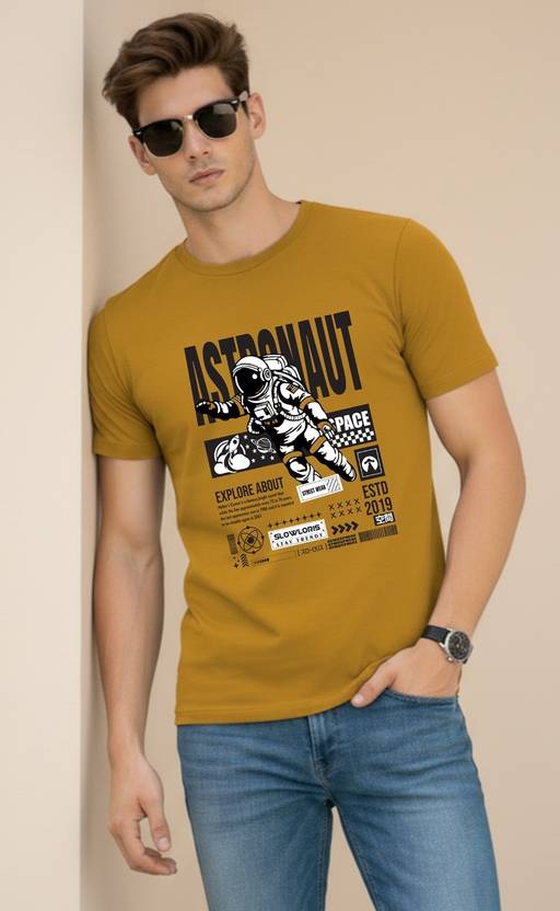 Cryptic Men Printed Round Neck Cotton Blend Yellow T-Shirt