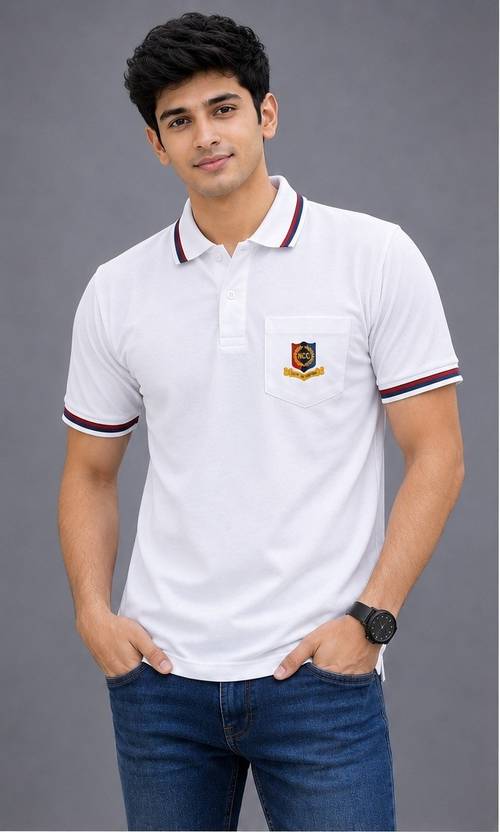 Mango Fashion Men Embroidered Polo Neck Polyester White T-Shirt