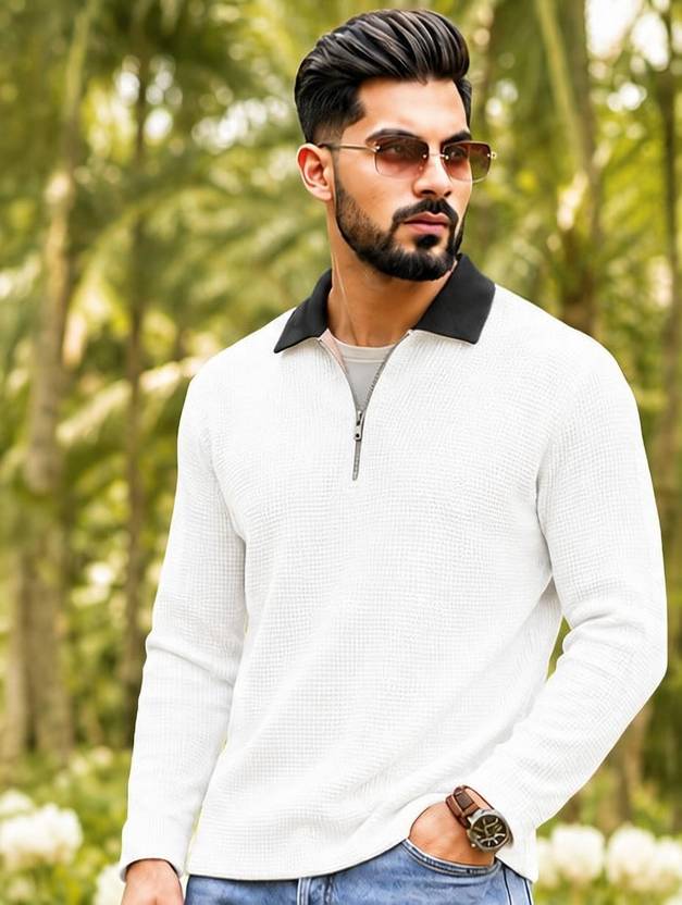 HOODLER Men Self Design Zip Neck Cotton Blend White T-Shirt